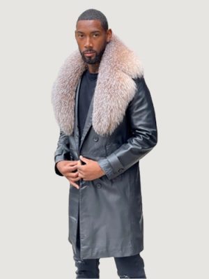 Men’s Leather Trench Peacoat Black With Crystal Fox