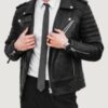 Men’s Matt Black Motorcycle Leather Biker Jacket - Image 2