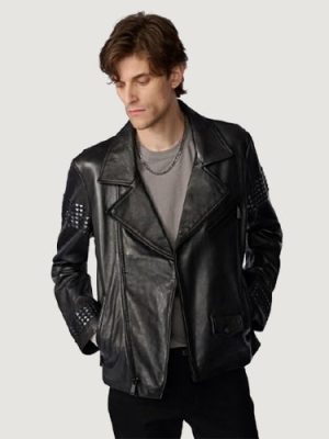Men’s Morris Embellished Black Leather Moto Jacket