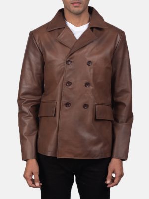 Men’s Mr Bailey Brown Leather Naval Peacoat