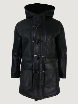 Men’s Real Hood Duffle Jacket Black Fur Warm Winter
