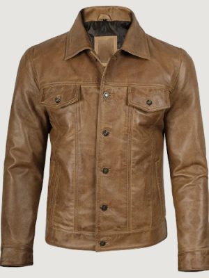 Men’s Real Leather Camel Brown Trucker Jacket