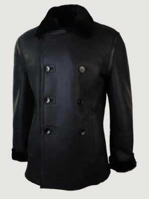 Men’s Real Shearling German Navy Sheepskin Double Breasted Jacket Black