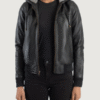Women’s Rebella Black Hooded Leather Bomber Jacket - Image 2
