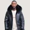 Men’s Shearling- Black Bomber Style With Black Fox Fur Hood