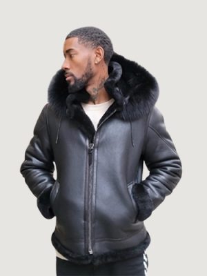 Men’s Shearling- Black Bomber Style With Black Fox Fur Hood