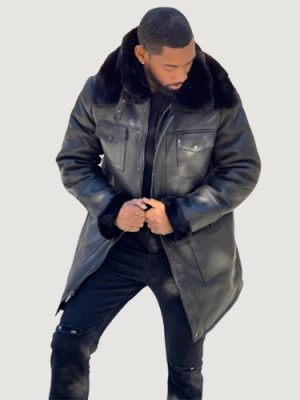 Men’s Shearling- Black 3/4 Trench With Pocket