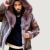Men’s Shearling- Brown Biker Style With Brown Fox Fur & Hood - Image 2
