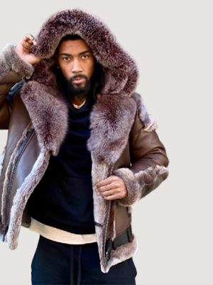 Men’s Shearling- Brown Biker Style With Brown Fox Fur & Hood