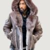Men’s Shearling- Brown Biker Style With Brown Fox Fur & Hood
