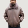 Men’s Shearling- Brown Brisa Baseball Style Bomber With Fox Fur