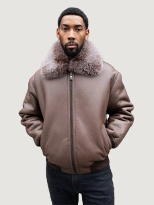 Men’s Shearling- Brown Brisa Baseball Style Bomber With Fox Fur