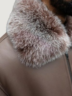 Men’s Shearling- Brown Brisa Baseball Style Bomber With Fox Fur