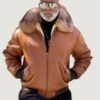 Men’s Shearling- Cognac Baseball Style Bomber With Fox Fur