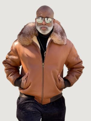 Men’s Shearling- Cognac Baseball Style Bomber With Fox Fur
