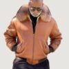 Men’s Shearling- Cognac Baseball Style Bomber With Fox Fur - Image 2