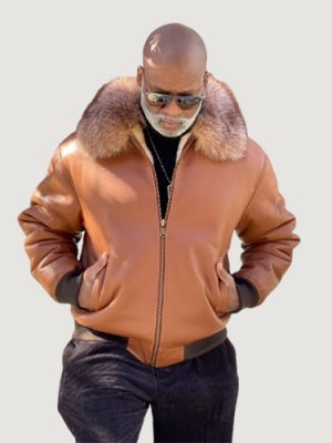 Men’s Shearling- Cognac Baseball Style Bomber With Fox Fur
