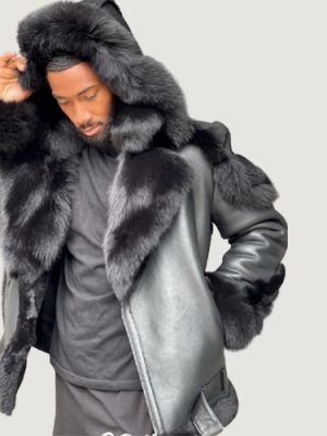 Men’s Shearling- Cognac Black Biker Style With Crystal Fox Fur & Hood