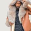 Men’s Shearling- Cognac Brown Biker Style With Crystal Fox Fur & Hood - Image 2