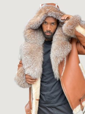 Men’s Shearling- Cognac Brown Biker Style With Crystal Fox Fur & Hood