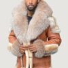 Men’s Shearling- Cognac Brown Biker Style With Crystal Fox Fur & Hood