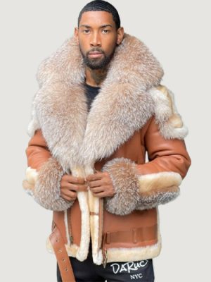 Men’s Shearling- Cognac Brown Biker Style With Crystal Fox Fur & Hood