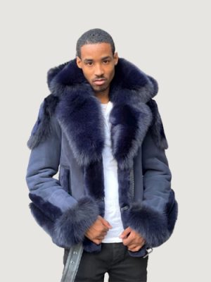 Men’s Shearling- Navy Blue Biker Style With Navy Blue Fur & Hood