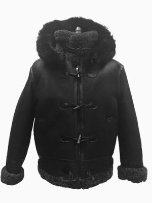 Men’s Shearling Sheepskin Aviator Black Jacket- B3 With Toggles Style