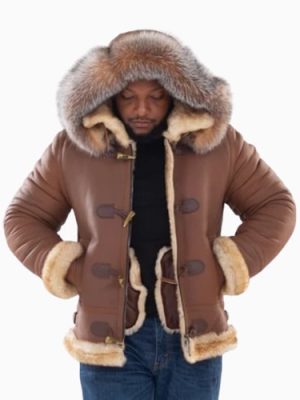 Men’s Shearling Sheepskin Aviator Brown Jacket- B3 With Toggles Style