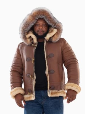 Men’s Shearling Sheepskin Aviator Brown Jacket- B3 With Toggles Style