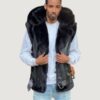 Men’s Shearling Vest- Black With Black Fox Hood