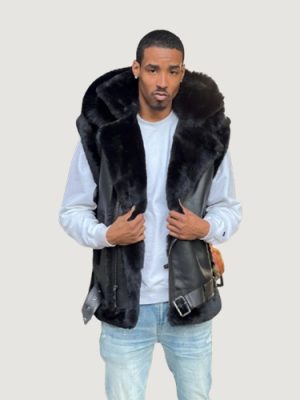 Men’s Shearling Vest- Black With Black Fox Hood