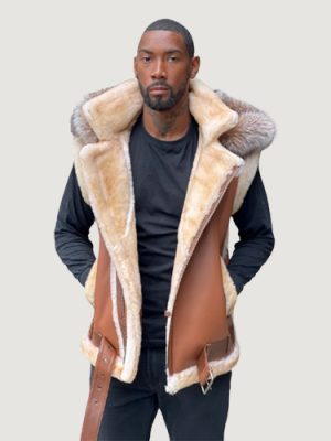 Men’s Shearling Vest Cognac Brown With Crystal Fox Hood