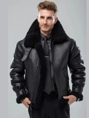 Men’s Sheepskin Flight Bomber Aviator Fur Shearling Black Leather Jacket
