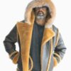 Men’s Sheepskin Jacket Black with Hood and Fox Fur Style