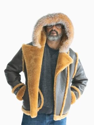 Men’s Sheepskin Jacket Black with Hood and Fox Fur Style