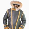 Men’s Sheepskin Jacket Black with Hood and Fox Fur Style - Image 2