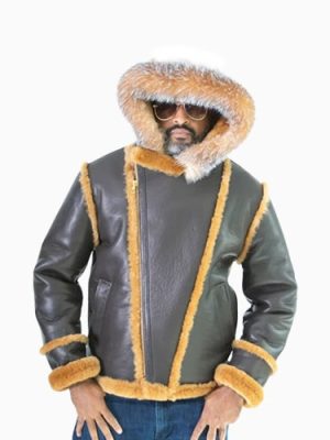 Men’s Sheepskin Jacket Black with Hood and Fox Fur Style
