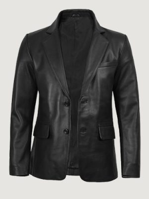 Men’s Two Button Black Leather Blazer – Notch Lapel