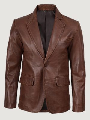 Men’s Two Button Cognac Waxed Leather Blazer – Notch Lapel