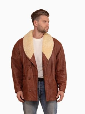 Men’s Vintage 80’s Brown Wool Collar Leather Coat