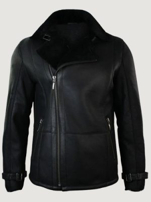 Men’s Winter Sheepskin Black Mid Length Fitted Jacket