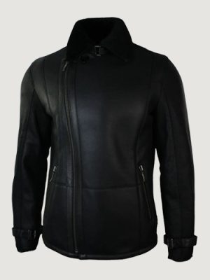 Men’s Winter Sheepskin Black Mid Length Fitted Jacket