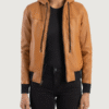 Women’s Rebella Brown Hooded Leather Bomber Jacket - Image 2