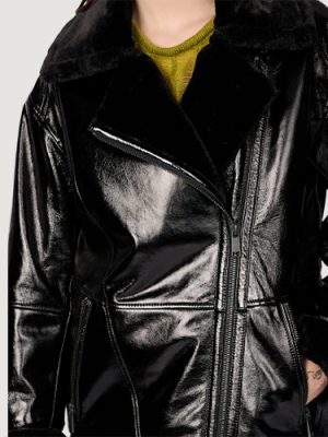 Women’s Alicia Shine Leather Oversized Black Moto Jacket