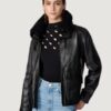 Women’s Amanda Leather Jacket Black With Shearling Collar