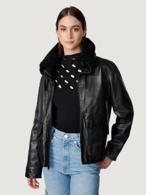 Women’s Amanda Leather Jacket Black With Shearling Collar