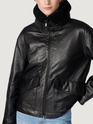 Women’s Amanda Leather Jacket Black With Shearling Collar