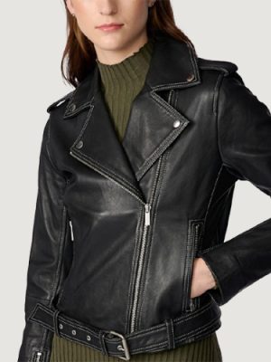 Women’s Anna Leather Black Moto With Stitching