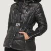 Women’s Apres Ski Crinkle Metallic Belted Black Coat With Hood